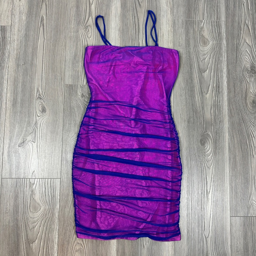 Fashion Nova Pink Bodycon Dress with Blue Mesh Ruched Overlay - SIZE L Party